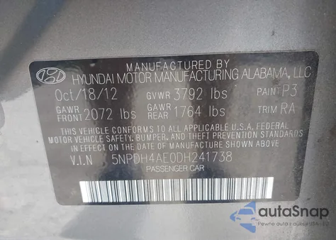 2013 Hyundai Elantra Gls z USA, uszkodzony, nr VIN 5NPDH4AE0DH241738